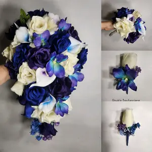 Purple Royal Blue Ivory Rose Calla Lily Orchid Bridal Wedding Bouquet Accessories