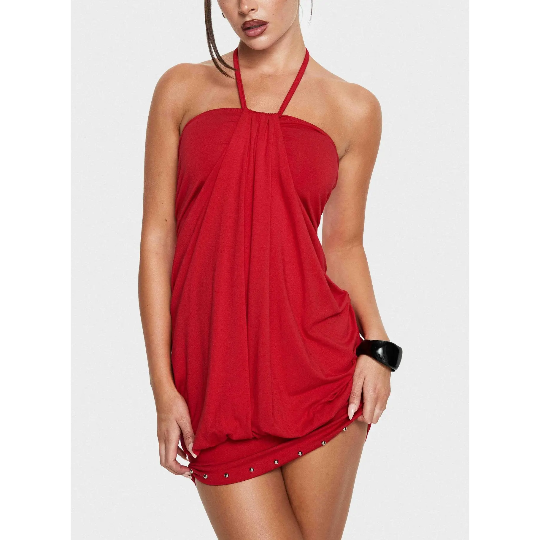 Jordonna Gathered Halter Mini Dress Red
