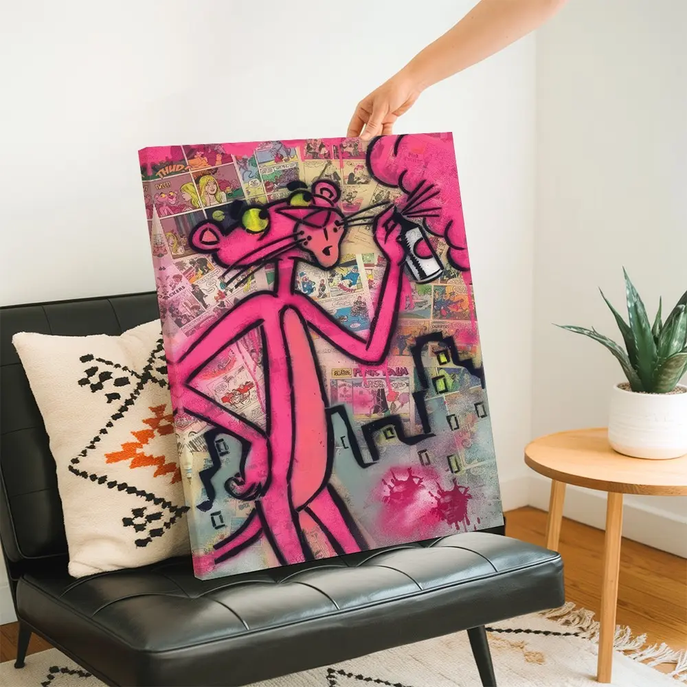 Cartoon Graffiti Wall Art, Panther Spray Paint Poster, Pop Art Printing, Graphic Prints, Vibrant Cartoon Print, and Canvas Decoration, Living Room & Bedroom Aesthetic, Canvas Material, Unframed, Cartoon Lovers, Artistic