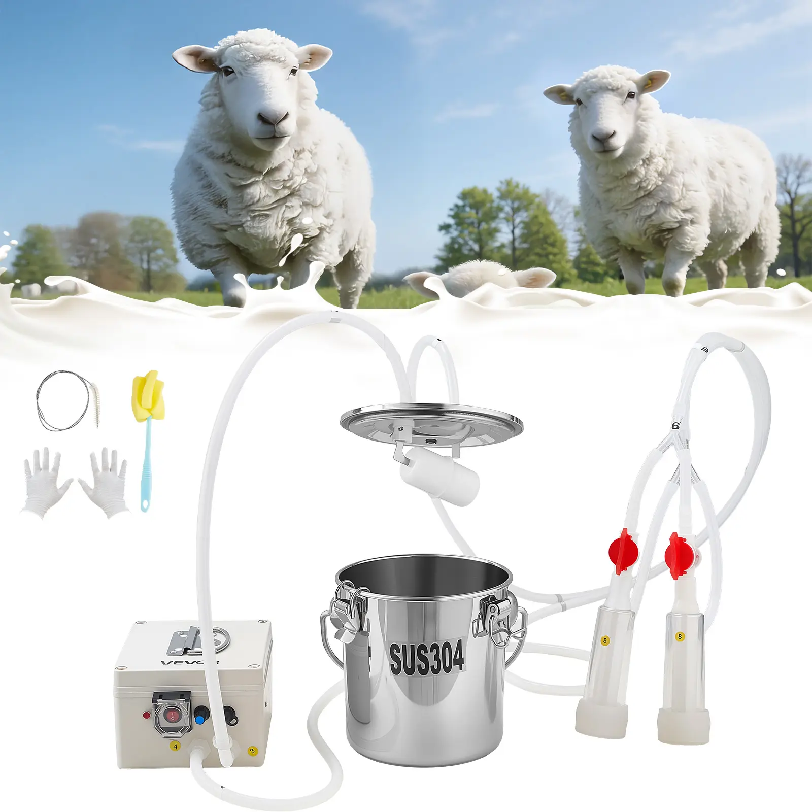 【Summerfinds】VEVOR Cordless Portable Goat Milking Machine, 0.8 Gal/3 L Food-Grade Stainless Steel Bucket, 5200 mAh Rechargeable Battery, 2 Silicone Teat Cups, Adjustable Pulsating Suction Leakproof Electric Vacuum Milker for Goats Only, 3L
