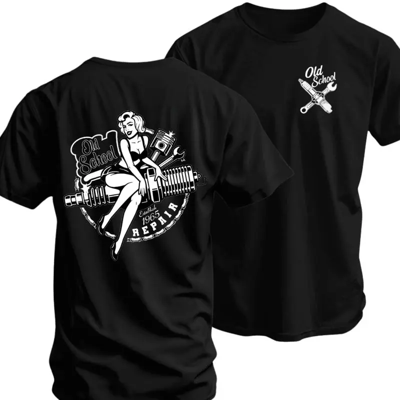 Old School Repair Pin-Up Mechanic T-Shirt, Garage Girl Graphic Tee, Classic Auto Repair Style Shirt, Gift for Mechanics, Car Lovers, Retro Style FansVintage Streetwear Summer Tee |         Breathable Cotton Casual Top