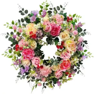 44.96cm Multicolor Artificial Spring Peony Rose Wreath, Plastic Home Office Decor, Ideal for Mother's Day and Easter