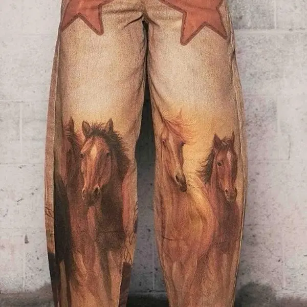 Cow Boots Digital Print Wide Leg Jeans