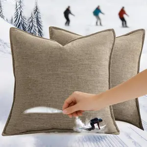 Pack of 2 Square Decorative Vintage Throw Pillow Covers 24x24 inch, Pottery Brown Chenille Linen Blend, Ultra Soft Extra Thick Luxury Neutral Cushion Cover