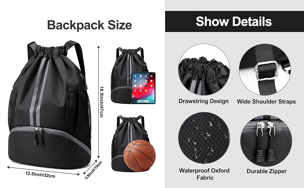 Sports Drawstring Backpack With Waterproof Material, Shoes Compartment, And Wet Proof Pocket For Gym, Swim, And Daily Use, Suitable For Men And Women