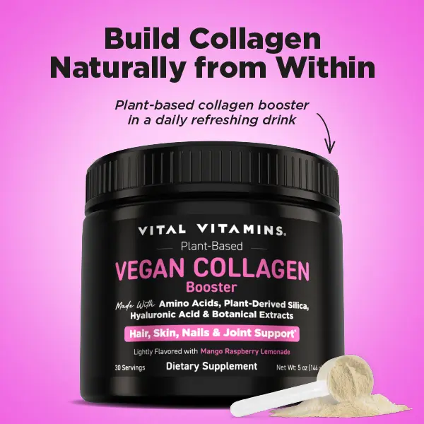 Vegan Collagen Booster Powder for Hair, Skin & Nails | Mango Raspberry Lemonade | Hyaluronic Acid, Biotin & Vitamin C | Plant-Based Beauty Supplement (30 Servings)