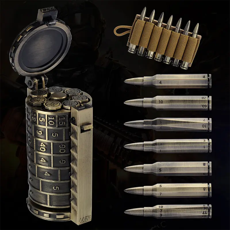 Rifle Bullet Dice Set - Solid Metal 7 Polyhedral Dice Set with Spinning Container Case & Cartridge Holder Belt - Perfect Role Playing Dice Set for D&D