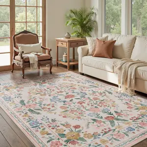 Floral 5x7 Area Rugs for Living Room Rug, Machine Washable Rug Non Slip Large Area Rug for Bedroom Indoor Low Pile Carpet Ultra Soft Boho Rugs for Dining Room Playroom Office, Beige