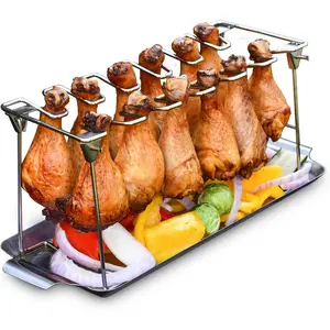 Chicken  Rack for Grill with Drip Tray - Easy to Use 12 Slots Chicken Wing Rack -  Stainless Steel Chicken Drumstick Rack for  - Chicken Drumstick Holder for Grill Accessories