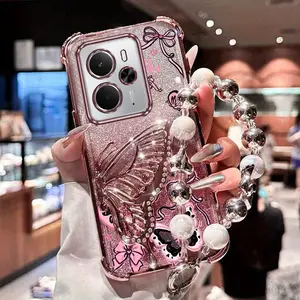 Lucky Butterfly Silver White Bead Double Color Hanging Rope Girl Sparkling Pink Butterfly Accessories Plating Quicksand Butterfly Bracket Phone Holder Case with Impact Resistant Protector For Compatible with Realme 14