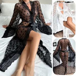 Sheer Heart Print Lace Trim Robe for Women, Long Bell Sleeve Mesh Loungewear with Waist Belt, Soft Breathable Intimate Apparel for Home Wear & Special Occasions