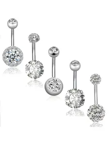 5pcs 14g Stainless Steel Belly Button Rings for Women, Synthetic Zirconia Inlaid, Belly Piercing Jewelry, Fashion Accessory, Body Piercing Jewelry
