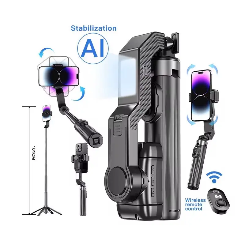 Almajea 4-in-1 Aluminium Compact Foldable Portable Selfie Stick Tripod - AI Stabilizer, Single-Axis Detachable Gimbal, Wireless Bluetooth Remote, 360° Rotation, 10cm Height, Built-in LED Fill Light, Phone Vlogging Accessory