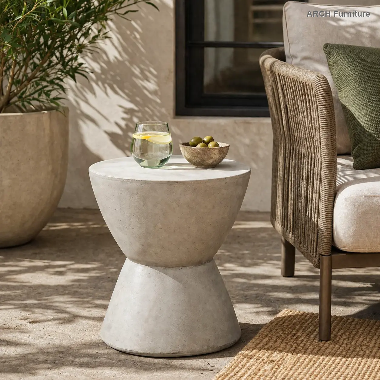 ARCH Light Gray Lightweight Concrete Indoor-Outdoor Side Table, MGO End Table, Indoor-Outdoor Side Tables