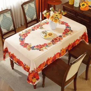 Fall Tablecloth Rectangle, Flower and Pumpkin Print Table Cloth for Rectangle Tables, Spillproof Fall Leaf Table Cover for Farmhouse Kitchen Dinning Room Thanksgiving Party