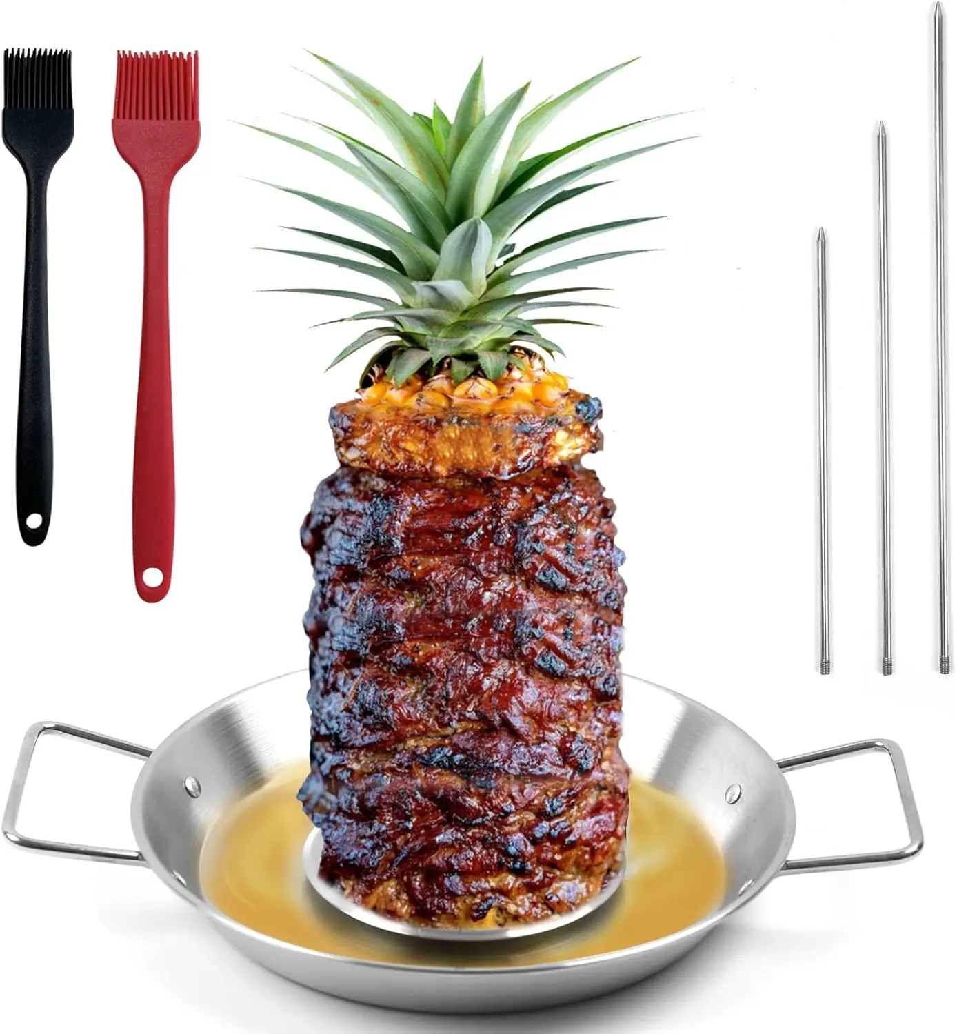 Stainless Steel Vertical Al Pastor Meat Skewer for Outdoor Cooking - 3 Spikes, 2 Brushes, Fat Separator Tray, Mexican Taco & Shawarma Kebab Rack, Barbecue Kitchen Utensils for Grill, Smoker, Oven
