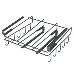 Raybee Metal Under-Shelf Kitchen Organizer Rack, Black Under Cabinet Storage Rack Cutting Board Holder with 10 Hooks and Dual Bars,Space-Saving Narrow Design, Holds Cups, Utensils, Towels, Cutting Boards for Kitchen, Bathroom, Office Accessory Steel