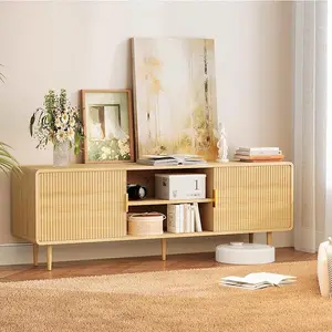 TV Stand for 65 Inch TV, Fluted TV Stand with Curved Profile Design, Wood Entertainment Center TV Console Table with Sliding Doors & Adjustable Shelves, TV Stand for Living Room Bedroom, Furniture, Natural