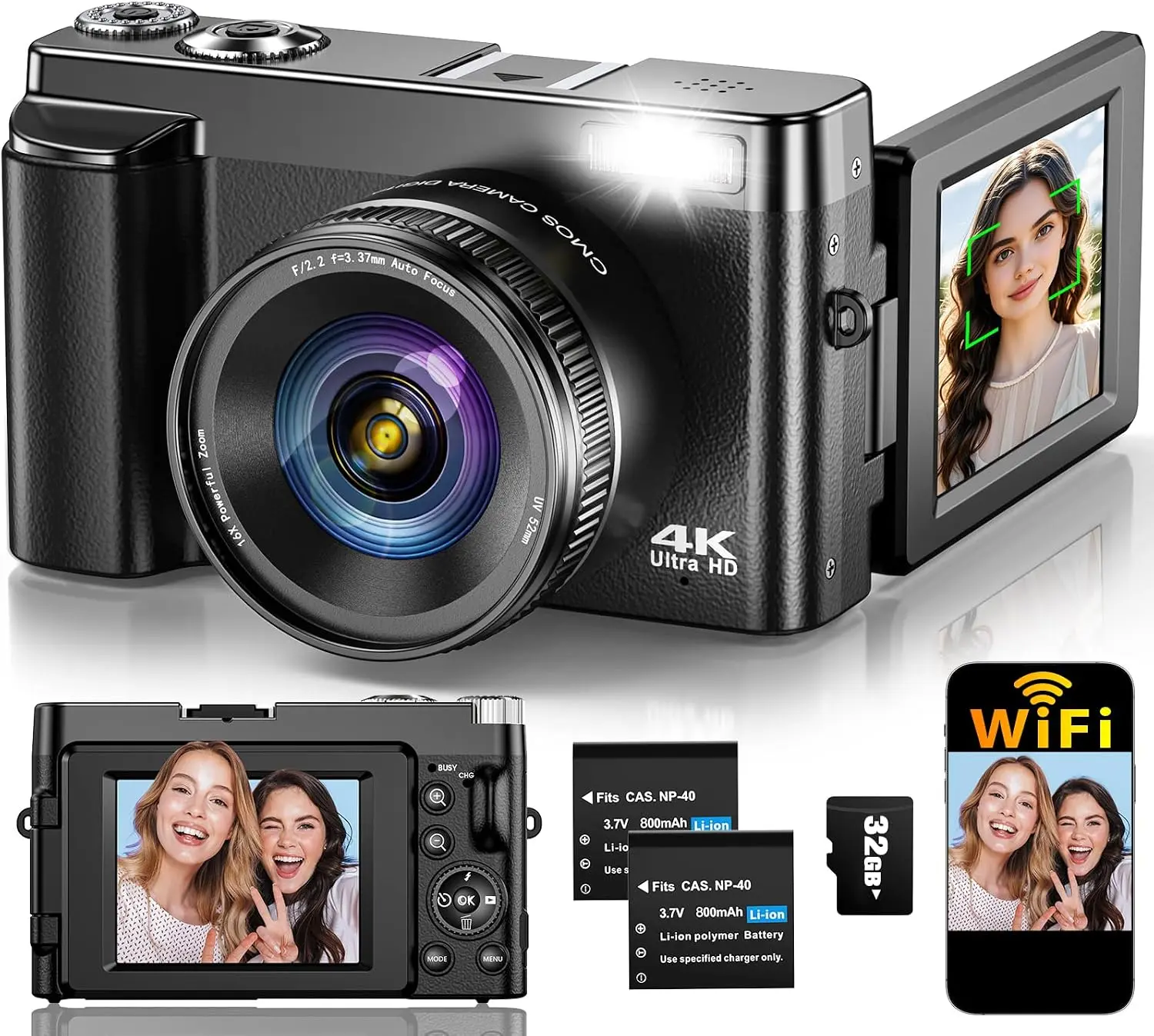 4K Digital Camera for Photography Autofocus, Upgraded 64MP WiFi Vlog Camera | for YouTube with 3" 180° Flip Screen, 16X Zoom, Compact Travel Cameras for Beginners with 32GB Card, 2 Batteries, Black