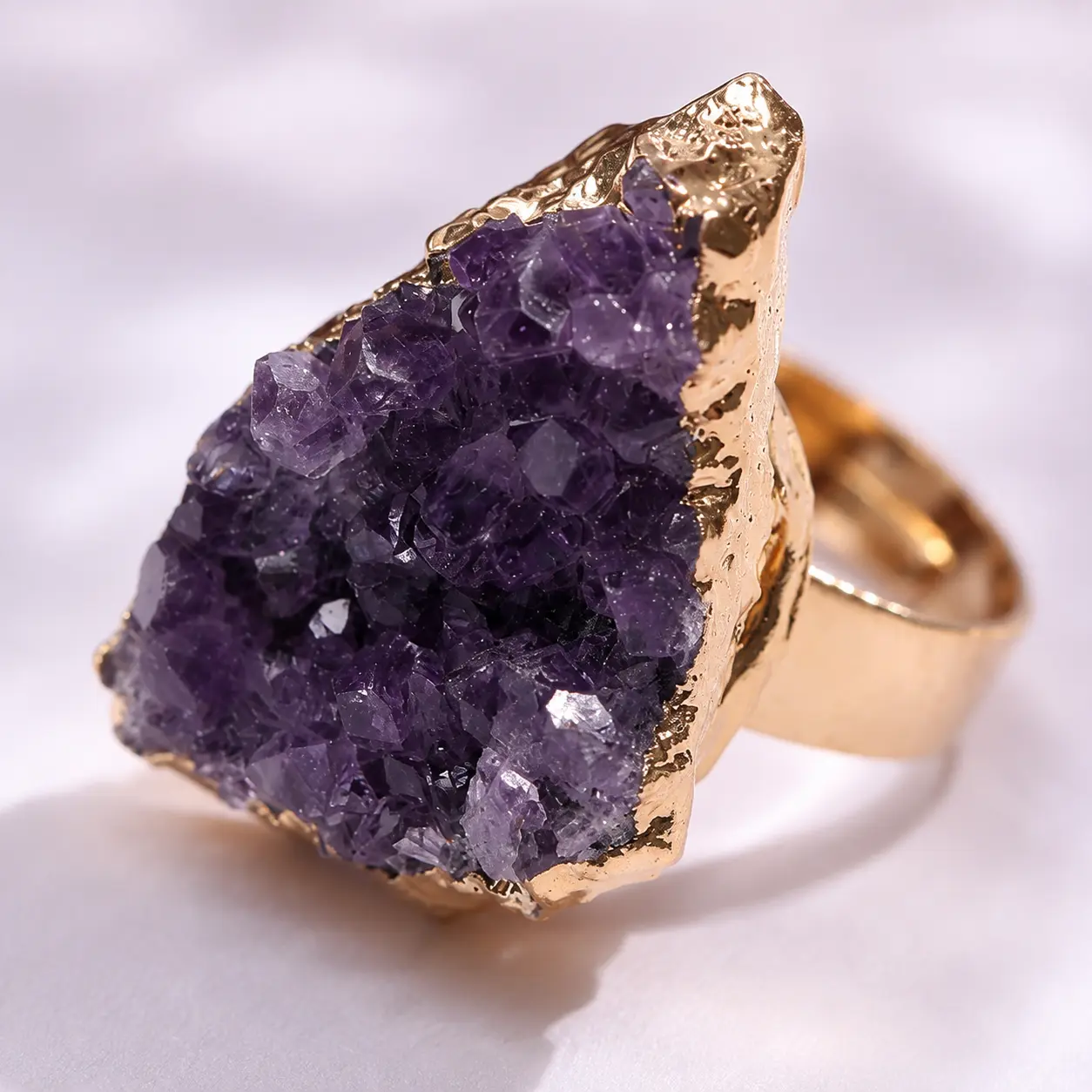 Women’s Oversized Purple Crystal Cluster Statement Ring - Gold-Tone Edged Irregular Geode-Style Adjustable Open-Band Bold Boho Cocktail Jewelry for Parties, Gift Giving as Unique Gifts