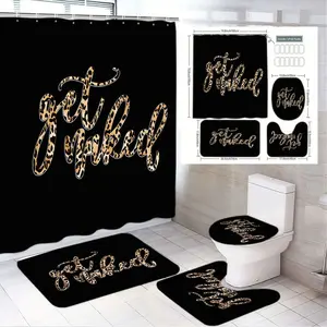 1/4pcs Leopard Print Bathroom Decor Set, Bathroom Decoration Accessories, Get Naked Cursive Shower Curtain, Bath Mat, Toilet Lid Cover & Contoured Rug, Bold Black & Gold Design for Trendy Bathroom Aesthetic, Perfect for Home Makeover