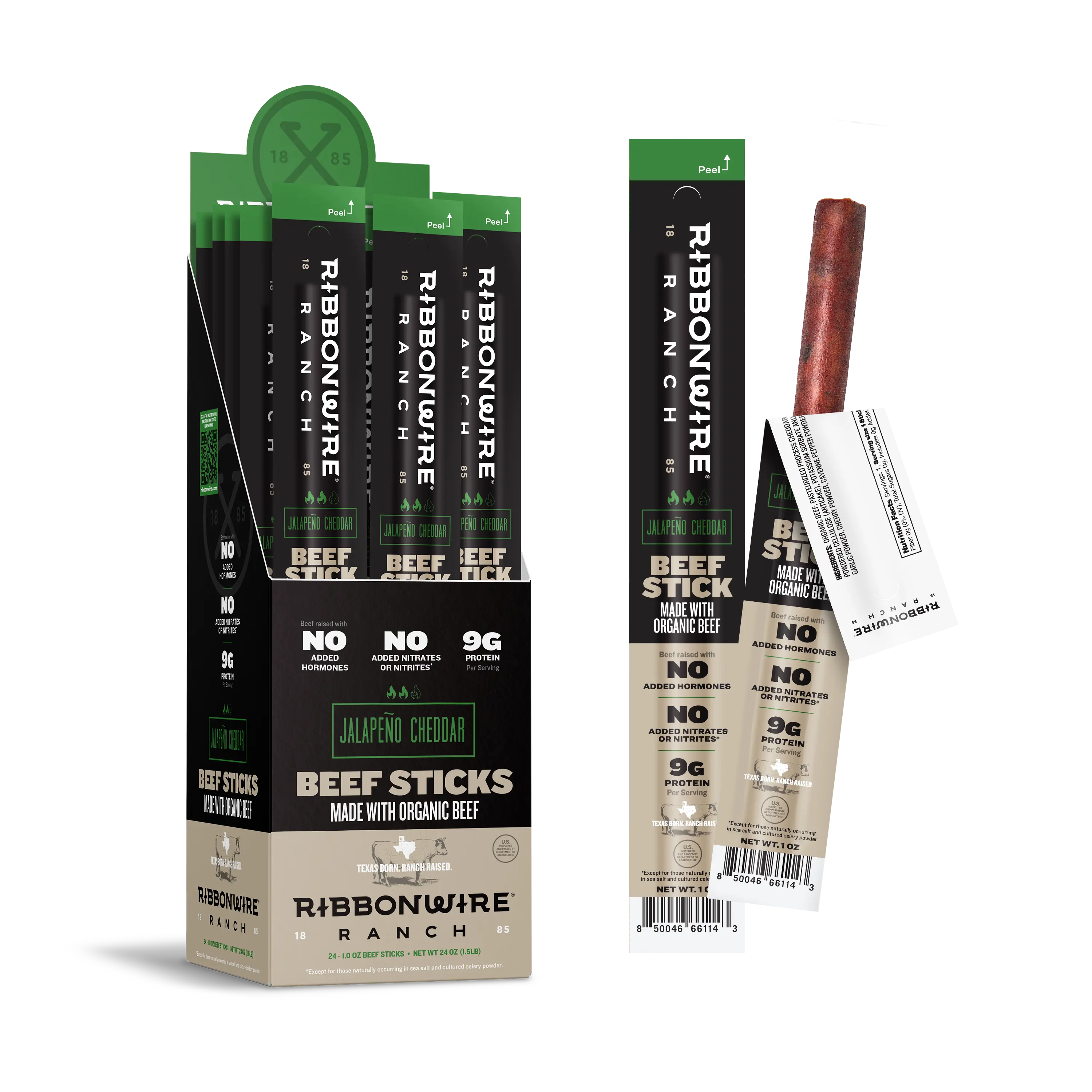 Ribbonwire Ranch Jalapeno Cheddar Organic Beef Sticks - 24 Pack, 1oz Sticks - Natural Snack