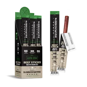 Ribbonwire Ranch Jalapeno Cheddar Organic Beef Sticks - 24 Pack, 1oz Sticks - Natural Snack