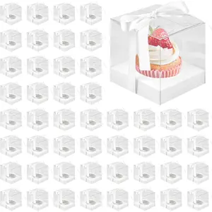 60 Pcs 3.5 Inch Clear Cupcake Boxes Single, Clear Cupcake Boxes with Ribbon and Inserts, Individual Cupcakes Containers for Cake Bakery, Present (White)