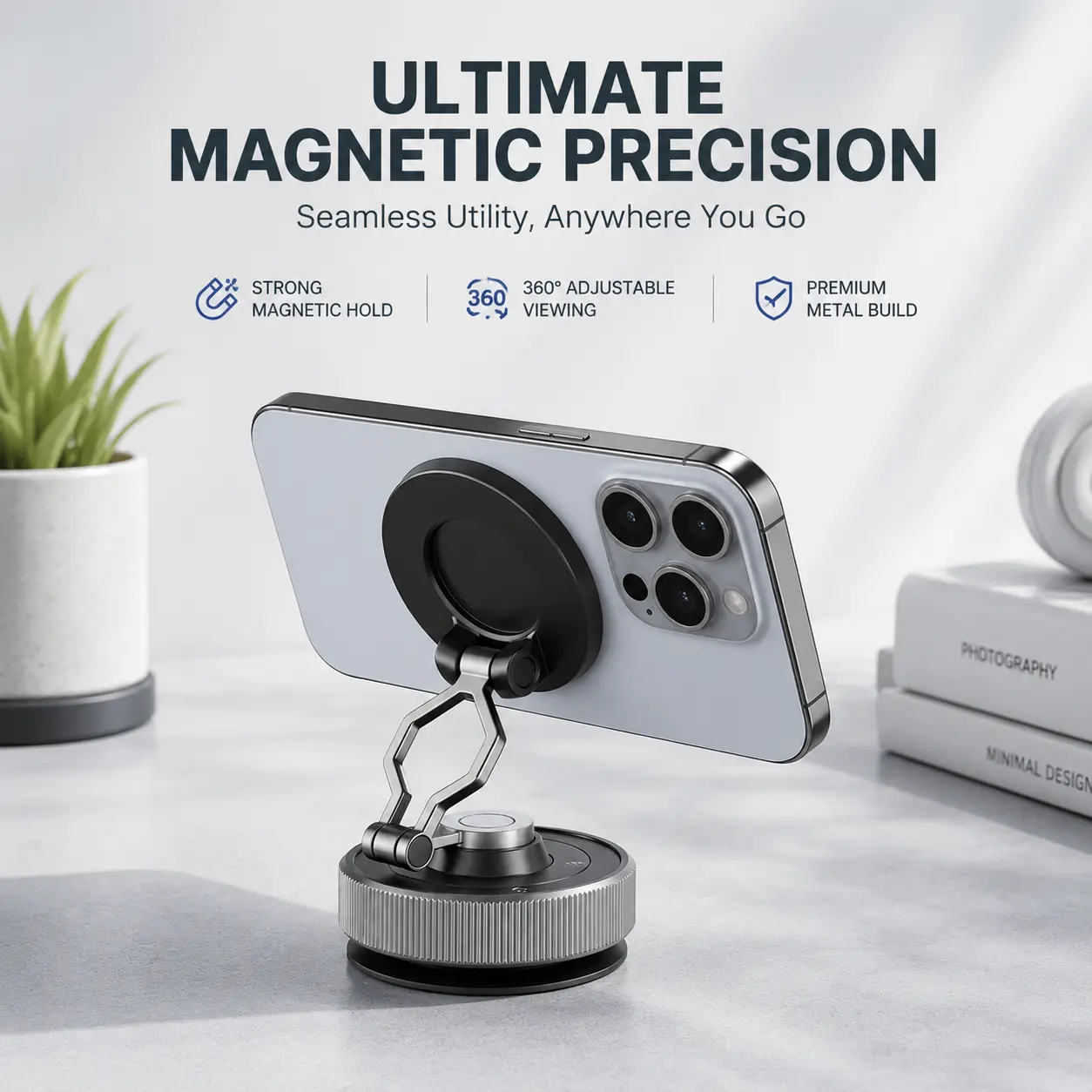 MagSafe Phone Holder for Car - Stainless Steel Pocket-Sized Dual-Axis 360° Adjustable Round Base Vacuum Suction Cup Bracket with Rotary Lock, Foldable Magnetic Attachment, Mounting Base Adapter, Wireless, Screens Compatible with iPhone & Android