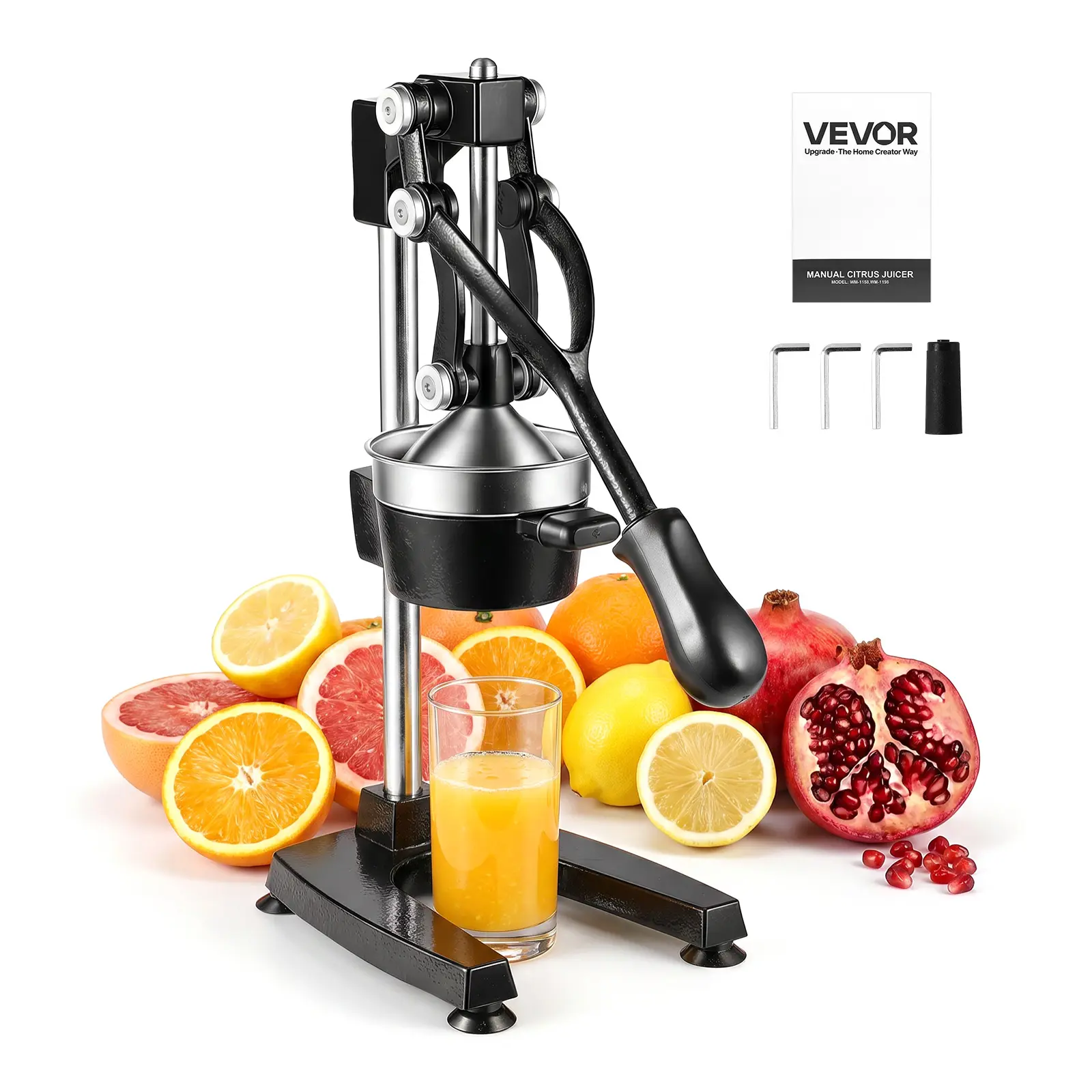 VEVOR Manual Citrus Juicer, 19" Tall Hand Press Oranges Juicer, Manual Fresh Juice Extractor for Lemon Pomegranate Grapefruit, Heavy-Duty Cast Iron, Easy to Clean, Home & Commercial Use, Black