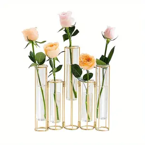 Test Tube Vase with 5 Test Tubes, Gold Vase for Centerpiece, Gold Vase with Metal Stand, Glass Vase for Wedding Home Decoration