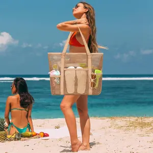 Summer Travel Mesh Tote, Women's Beach Bag, Large-mesh beach bag, Spacious Shoulder-Strap Shower and Toiletries Bag, Swimming and Beach bag