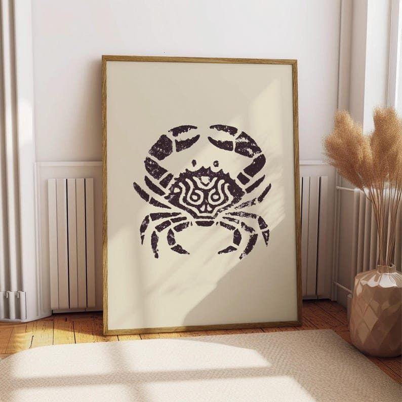Abstract Crab Ink Drawing Print, Coastal Sketch Wall Art, Geometric Art, Nautical Black & White Ocean Decor, Beach Cottage Poster
