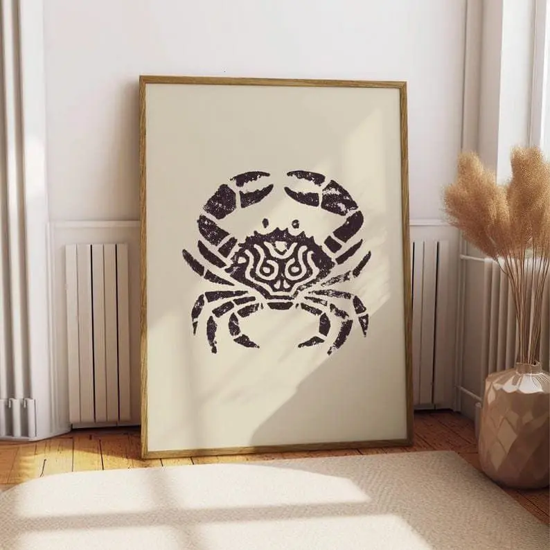 Abstract Crab Ink Drawing Print, Coastal Sketch Wall Art, Geometric Art, Nautical Black & White Ocean Decor, Beach Cottage Poster