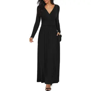 Women Long Sleeve Deep V Neck Loose Plain Long Maxi Casual Dress
