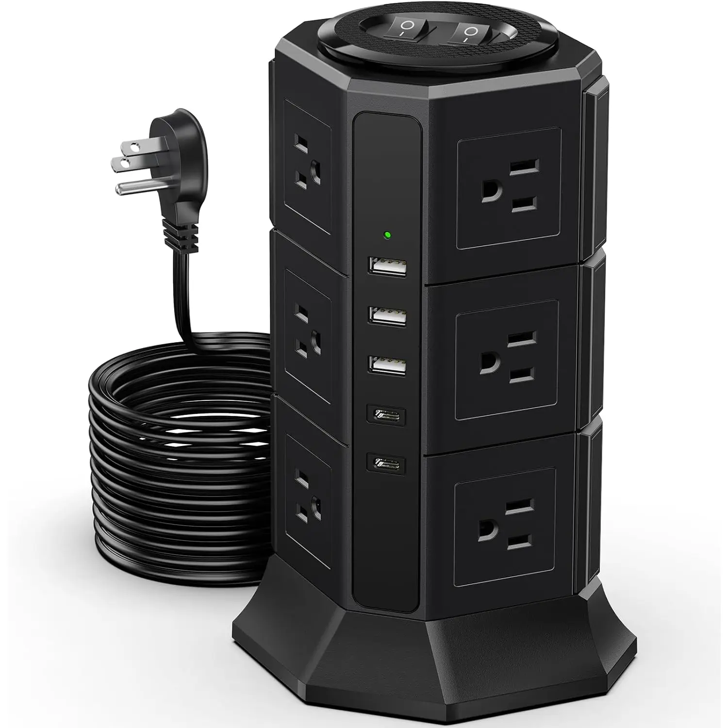 Surge Protector Power Strip Tower with 10FT Ultra Flat Extension Cord, 12 AC Sockets, 5 USB Ports (2 Type C), Flat Plug Outlet Extender for Home Office Use, Compatible with Mobile Devices & Earbuds Accessories