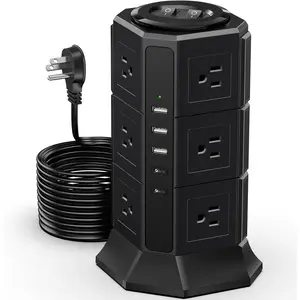 Surge Protector Power Strip Tower with 10FT Ultra Flat Extension Cord, 12 AC Sockets, 5 USB Ports (2 Type C), Flat Plug Outlet Extender for Home Office Use, Compatible with Mobile Devices & Earbuds Accessories