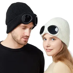 Unisex Knitted Goggles Beanie, Winter Stylish Skull Warm Cap, Outdoor Sports Fashion, Fleece Lining, Stretchy Hat, Cold Weather Accessory, Multifunctional Skull Caps