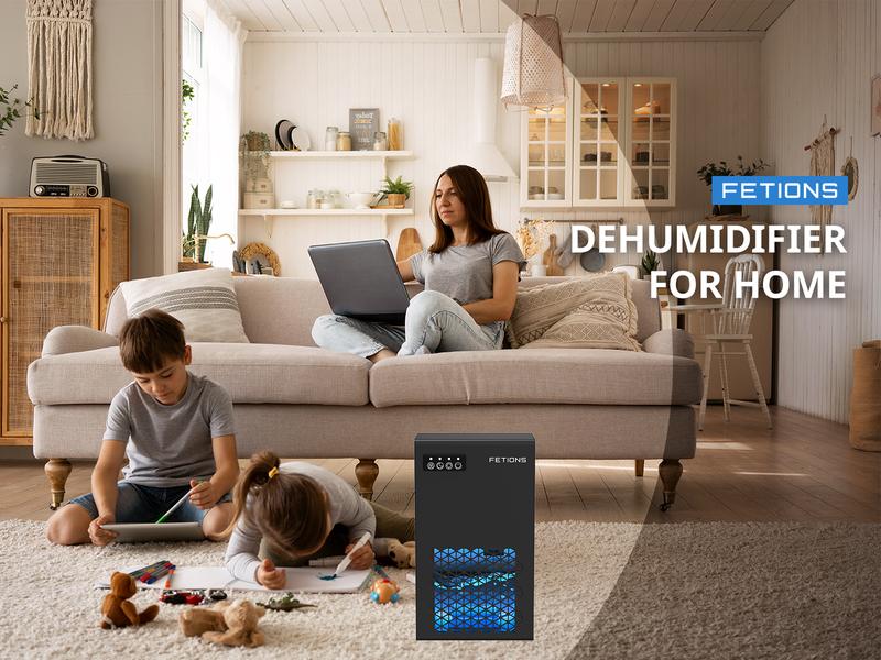 Fetions Portable Dehumidifier with 95oz Water Tank, High-Efficiency, 7 Customizable Colors, Includes Drain Hose, Ideal for Bathroom, Bedroom, Kitchen, Basement – Black