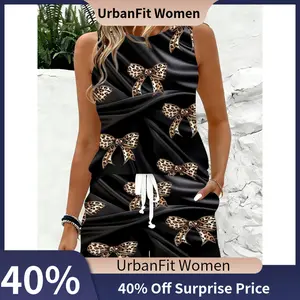 【UrbanFit Women】Plus Size - Plus Size - Women'S Black Leopard Print Sleeveless Top And Shorts Jumpsuit Set, Perfect for Summer Casual Wear And