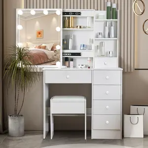 Makeup Vanity Desk with Mirror and Lights, White Vanity Table with 3 Lighting Modes, Dressing Table Set with Drawers Shelves and Storage Stool for Bedroom