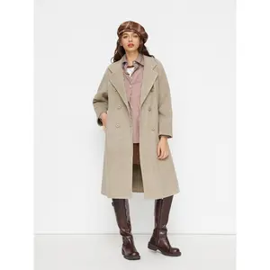 Cider Double-Faced Wool-look Notched Collar Double Breasted Longline Coat With Belt
