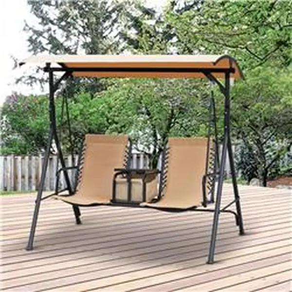 Patio Swing Canopy - Beige & Black, 2-Person 2 Seats, Easy Setup Weatherproof Casual Canopy Swings with Steel Frame, Adjustable Shade