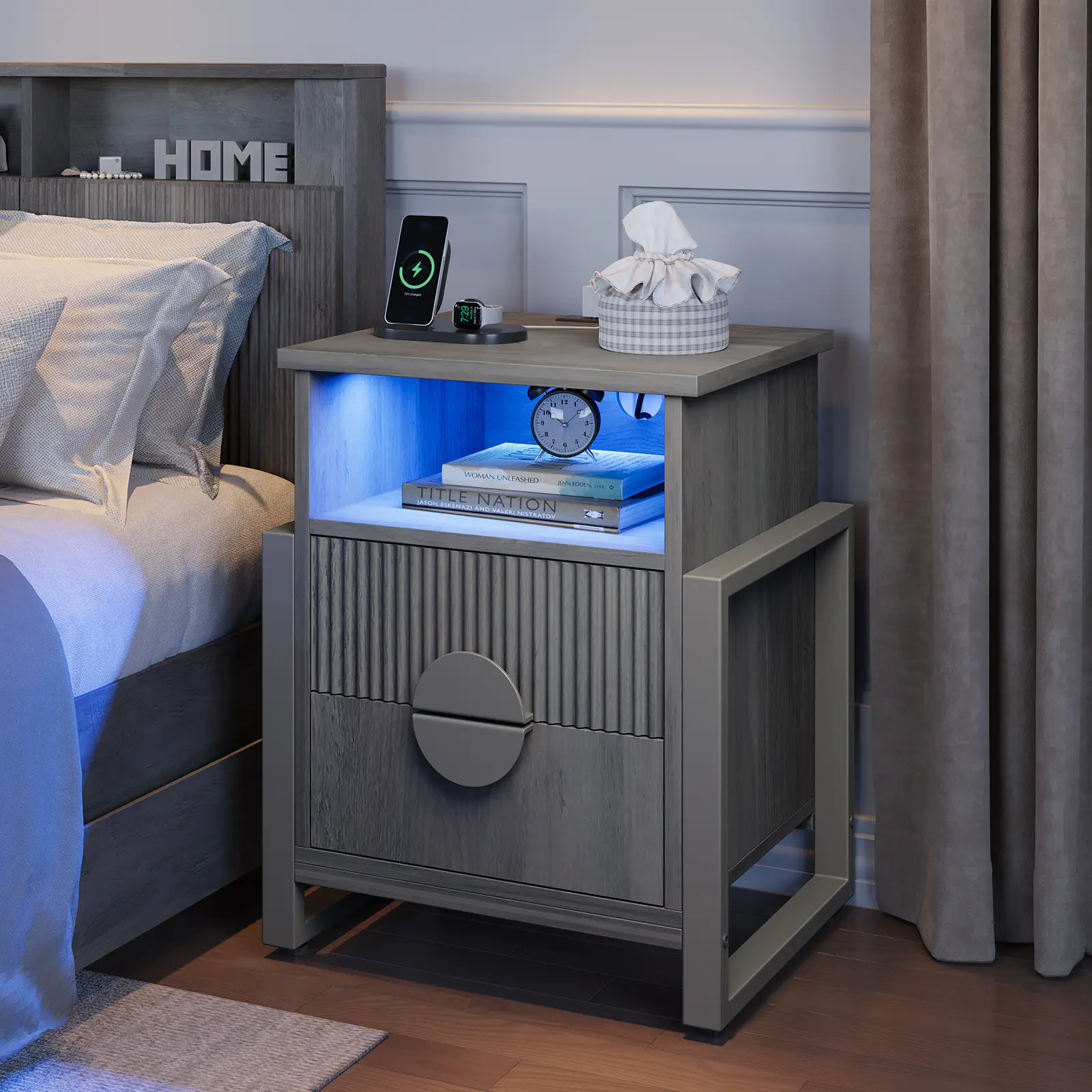 LGHM Fluted Nightstand with Charging Station and LED Lights, 2 Drawer Bedside Table with Open Storage Cubby, Modern End Table for Bedroom and Living Room, Gray