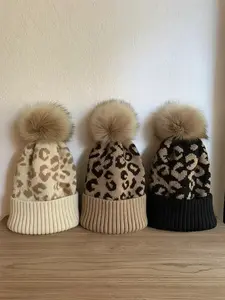 Women's Leopard Print Knit Beanie Hat with Pom Pom, Fall Winter Warm Stretchy Lightweight Cotton Blend Cap, Knitted Winter Hat, Perfect Christmas Gift