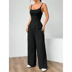 Women's Solid Color Tie Shoulder Fitted Jumpsuit, Casual Fashion Wide Leg Jumpsuit for Summer, Women's Jumpsuit for Daily Wear, Overalls