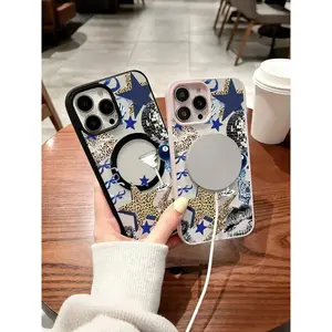 Leopard Print Five-Pointed Star Blue Bow Lip Pattern Clear Phone Case For IPhone 17/16/15/14/13/12/11/Air/ProMax/Pro/Plus For Samsung Galaxy S25-S22/FE/Ultra, Creative Y2K Acrylic+TPU Compatible, Fundas Para Cover De Matching Cases For Girls