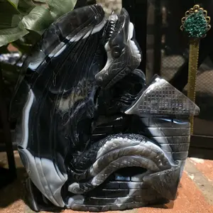 Volcano Agate Dragon Castle Sculpture - Handcrafted Gothic Decor for Home & Office - Unique Fantasy Art Piece