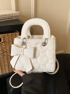 Women's Mini Heart Quilted Tote Bag, Sweet Bow Decoration, Detachable Shoulder Strap, Cute Style, Ideal for Daily Use and Dates