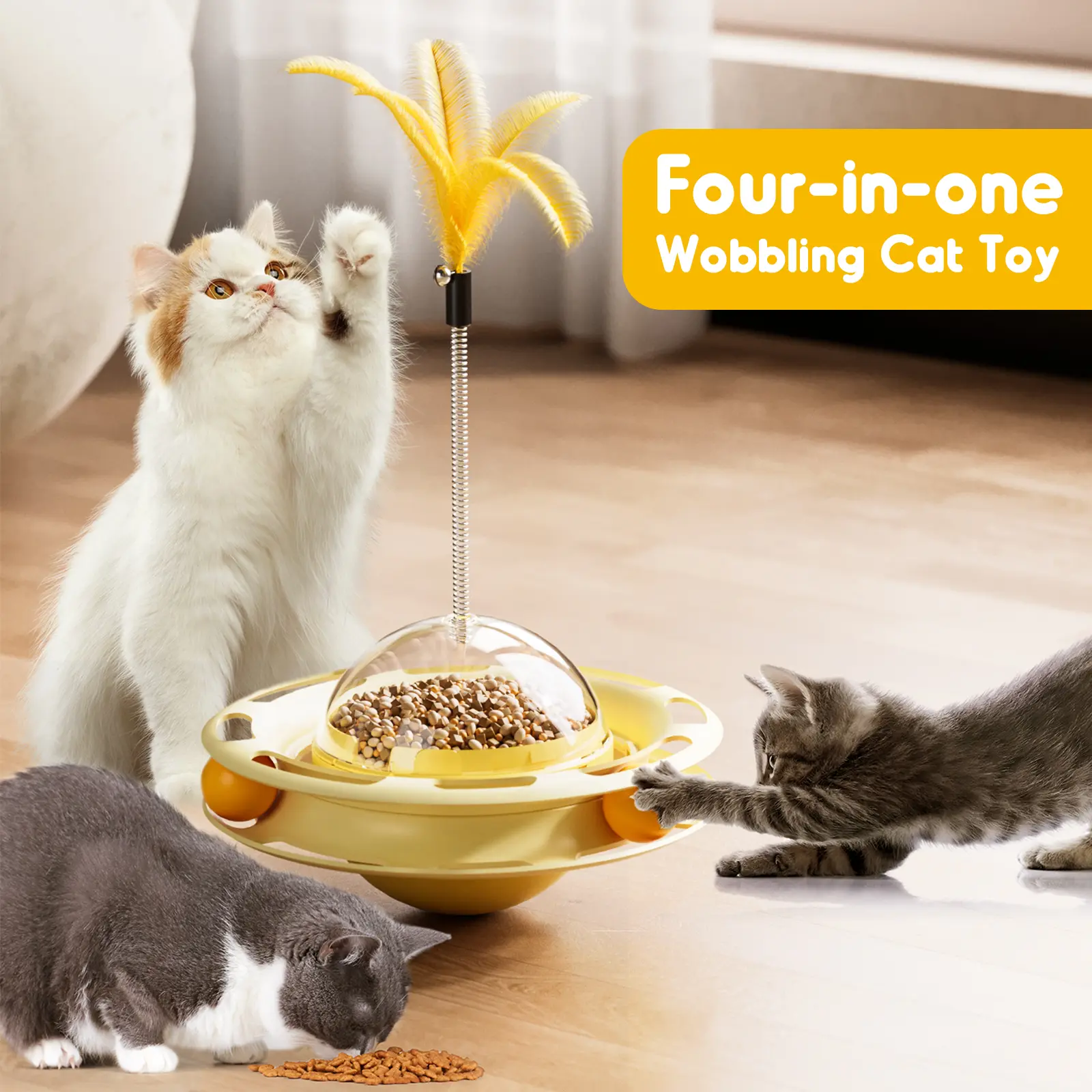 Cat Toys Interactive Track Balls,4 in 1 Cat Roller Toy for Indoor Cats,360° Rotating Slow Cat Treats&Food Dispenser Supplies Leakage Device,Fluttering Feather Toy,Track Ball,Solve cat Anxiety and Attract Cats gadget to Play,Christmas gift M silver  vine